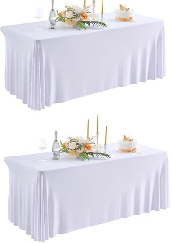 HBBMAGIC 2 Stücke Weiß Spandex Rechteckig Tischdecke für 1.8m Rechteck Tische Dehnbare 3-Wege Weiss Tischdecke für Vendor Display Birhtday Party Hochzeitsempfang