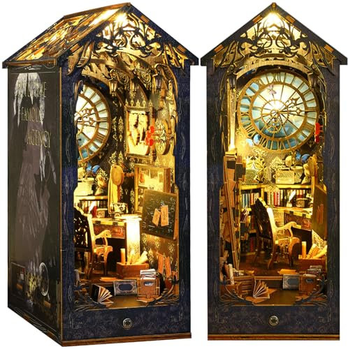 RONSTONE DIY Book Nook Kit - 3D Wooden Puzzle Detective Agency with Furniture and LED - Mini Miniature Dollhouse Kit Bookshelf Decor - Mini Doll House Creativity Gift for Adults Teens