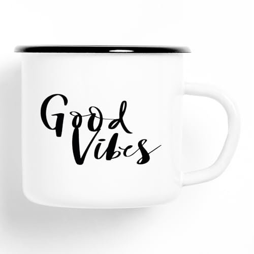 Huuraa Emaille Tasse Good Vibes Schriftzug Geschenk 300ml Vintage Good Vibes Geschenkidee