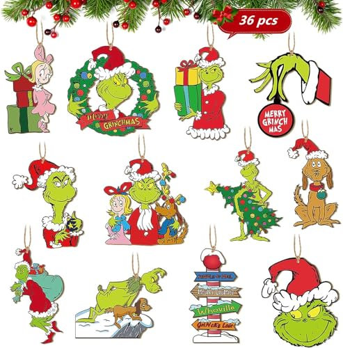 Super Idee 36-teiliges Grinch Anhänger Set - Holz Laser geschnitten - Grinch Ornament - Weihnachtsschmuck - Geschenkanhänger - Weihnachtsanhänger