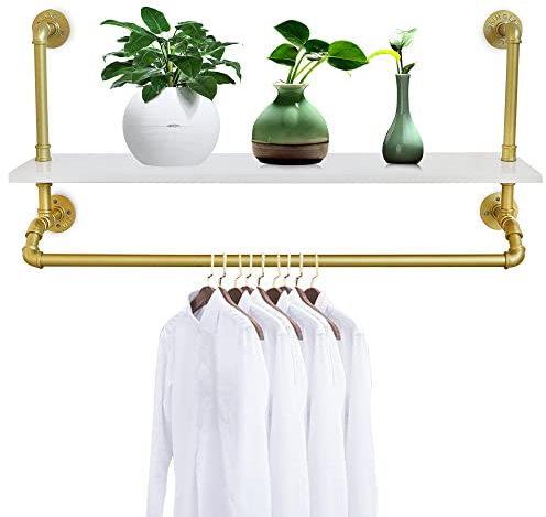 C-Juzarl Kleiderstange zur Wandmontage, Wandgarderobe mit Regal im Industrierohrstil, Wandgarderoben Kleiderstange für Schlafzimmer Wohnzimmer, Flur, Badezimmer Gold