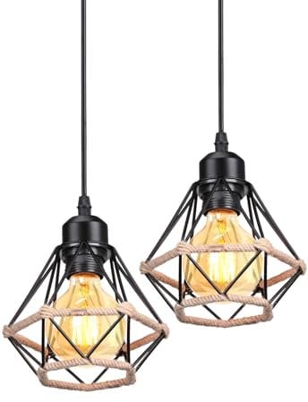 PETITES ECREVISSES 2 pezzi Lampadario a Sospensione E27 Industriale Vintage Lampada da Soffitto Corda di Canapa Retro Illuminazione Nero interna per Cucina Salotto (Ø16cm -2 pezzi)