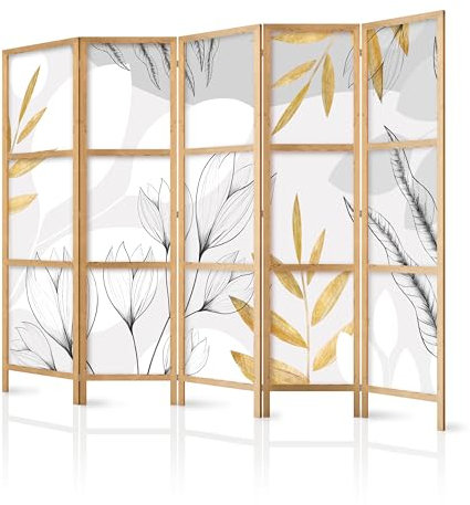 murando - Paravent Innen Raumteiler Holz Blätter 225x172 cm 5-teilig Japanische Trennwand Raumtrenner Room Divider Mobiler Sichtschutz Spanische Wand Raum Abtrennung Botanik Natur b-A-10071-bh-b