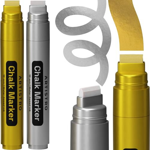 Artistro 15mm Acrylstifte Breit Graffiti Stifte Silber und Gold, Jumbo Acrylfarben Neon abwischbare Fensterstifte für Autos, Tafeln, Glastafeln, Bistro - leicht abwischbare Kreidestifte