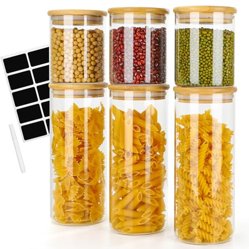 Otauoaea Juego de 6 tarros de cristal herméticos con tapa de bambú para pasta, cereales, frijoles, té, galletas (3 unidades de 1000 ml + 3 de 500 ml)