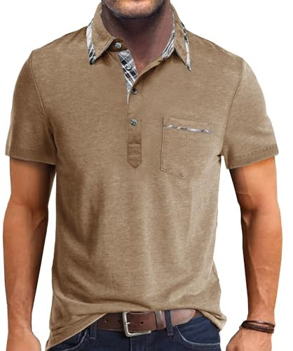 Comilaka Men's Short Sleeve Casual Polo Shirts Classic Button Contrasting Colors T- Shirts with Pocket Stylish Tops Khaki