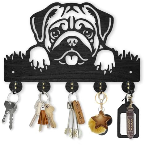 MAYJOYDIY Porte Clés Mural en Bois pour chien carlin 30 x 20 cm Porte-manteau mural noir pour chien avec 5 crochets en alliage pour décoration d'intérieur, cadeau, cuisine, couloir