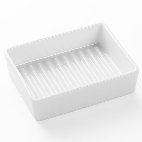 Eyrozia Jabonera rectangular blanca – Moderno soporte de cerámica para jabón de manos, bandeja de jabón para baño, fregadero de cocina, ducha, encimera, fácil de limpiar