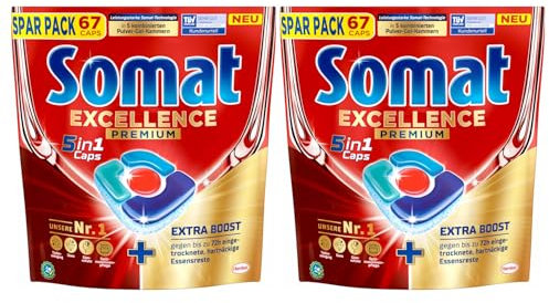 Somat Excellence Premium 5in1 Caps, 144 Caps (2x 72 Caps), schnellauflösende Spülmaschinentabs mit Extra Boost, Somat Caps entfernen selbst 72 h eingetrocknete, hartnäckige Essensreste