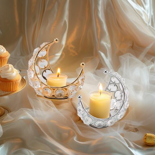 2 Stück Mond Kerzenhalter Kristall Teelichthalter Laterne Kerzenhalter Metall Eisen Hollowed Teelicht Kerzenhalter für Abendessen Tabelle Hochzeit Party Centerpiece Dekor Golden + Silber