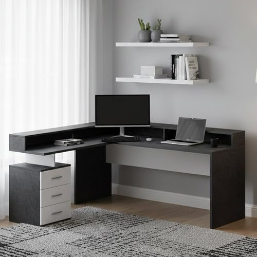 Dmora - Schreibtisch Salomone, Eckschreibtisch mit Platte, Mehrzweck-Büroschreibtisch, 180x90h160 cm, Weiß und Schiefer