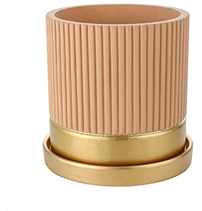 TOBLEEY Vasi per piante Vaso da fiori in cemento con bordo dorato a strisce rotonde con foro di drenaggio e vassoio per piantare piante e fiori in interni ed esterni.