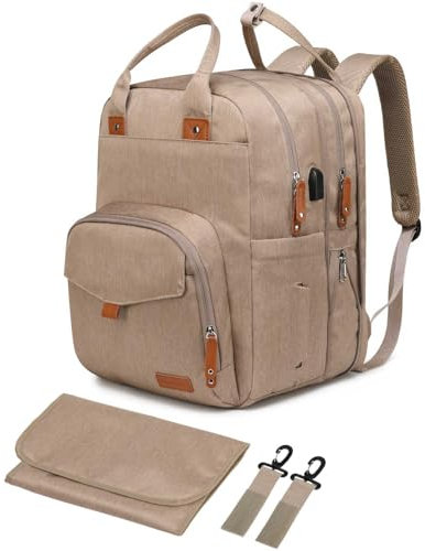 Qualyphant Große Wickeltasche Rucksack für zwei Kinder Zwillinge – erweiterbare Babytasche (26–36 l), zwei große Fächer, inklusive Wickelunterlage und Kinderwagengurten, Unisex, Premium-Khaki