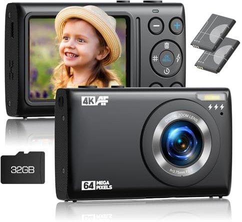 Cheap Digital Camera, 4K 64MP Autofocus Point and Shoot Camera with 32G SD Card, Compact Vlogging Cameras for Photography with 2 Batteries for Beginners Teen Black