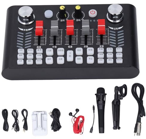 Jectse Kit de Carte Son pour Microphone Podcast, 12 Effets Sonores Multifonctions, Mélangeur de Son en Direct, Carte Son Externe 60 Hz-15 KHz avec Support de Téléphone, écouteurs, Micro