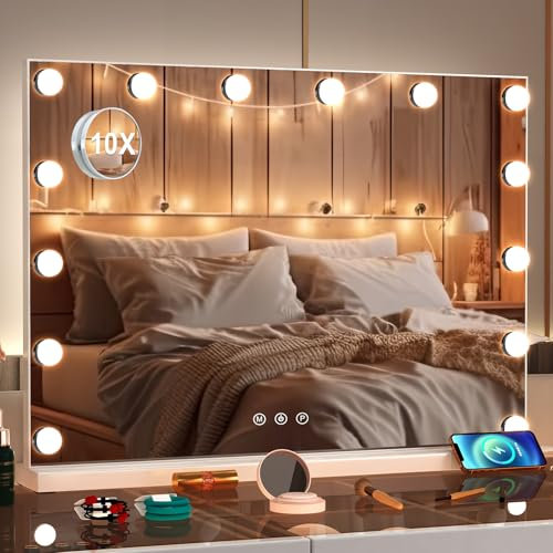 Puselo Specchio da trucco con illuminazione, specchio da tavolo con 14 luci LED dimmerabili, 3 temperature di colore, 50 x 40 cm, specchio cosmetico con controllo touch e porta USB, per tavolo e