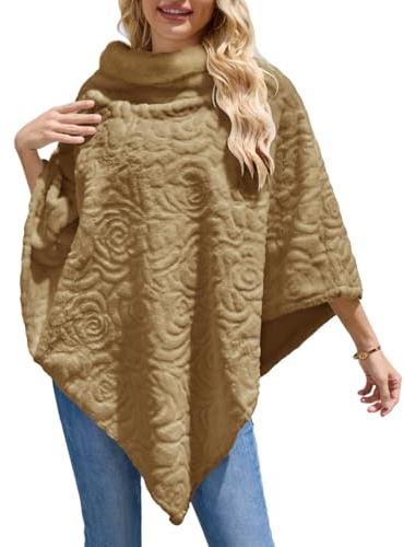 Ferand Poncho, maglione da donna elegante in pelliccia sintetica con motivo a rosa, sciarpa morbida e calda per l'inverno, cachi, Taglia unica