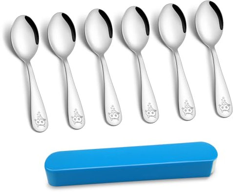 TEAMFAR Kinderbesteck Set, 6 Stück Edelstahl Poliert Kinderlöffel mit Katzen Gravur, Kinder Besteck Set ab 1-3 Jahre, Kleinkinder Löffel Set mit Reise Etui für Jungen & Mädchen, Spülmaschinenfest