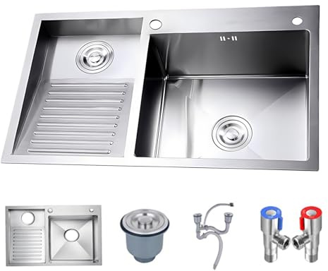 Fregadero De Acero Inoxidable Con Tabla De Lavar: Lavabo Para Uso General Hecho A Mano Para Lavadero, Taller Y Garaje: Acabado Cepillado Duradero, Lavabo Profundo Con Drenaje Eficiente(Left-a,80cm)