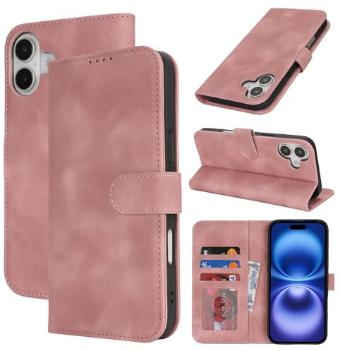 Zouzt Hülle für iPhone 16 6,1-Zoll, Stoßfestes PU Leder Handyhülle Klapphülle mit Kartenhalter und Standfunktion [Kartenfach] [Magnetverschluss] Flip Leather Wallet Cover (Vintage Rose Pink)