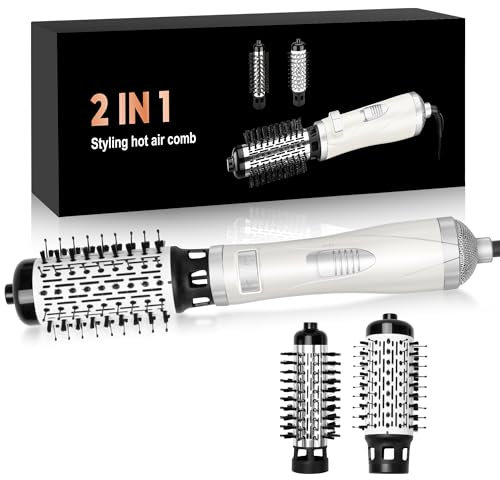 Föhnbürste Rotierend 2 In 1 Rundbürste Elektrisch Hair Styler Set mit 2 Aufsätzen, 38Mm / 50Mm Lockenbürste & Rundbürstenföhn, 3 Temperaturen, Volumen Föhnbürste Warmluftbürste Lange Haare