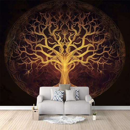 Fototapete Antik Dunkel Lebensbaum Muster Vliestapete Tapete Wanddeko Ideen Gelb Winter Schlafzimmer Wohnzimmer Home Decor Fototapete 200 x 140 cm (B x H) Tapetenwand für das Kinderzimmer