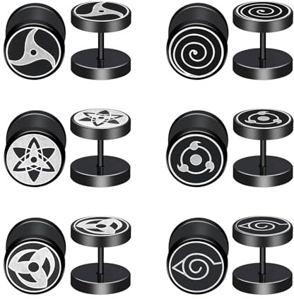 JewelryWe Naruto Fake Plug Ohrstecker: 6 Paar One Piece Fakeplug Tunnel Ohrringe Set Schwarz Edelstahl Rund Schraube Ohrringe Anime Manga Cosplay Schmuck Geschenk für Naruto Fans Anime-Liebhaber