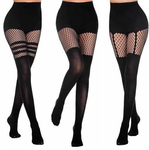 3 Pares Medias de Rejilla, Medias de Liga Mujer de Estampadas de Cintura Alta Pantimedias de Red Opacas Oscuras de Elástico Rejilla con Diferentes Patrones