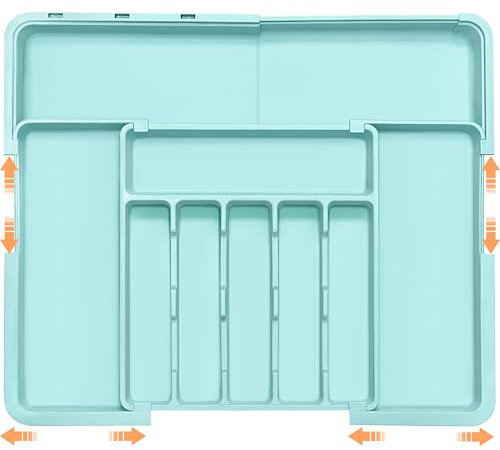 Silverware Organizer Expandable Kitchen Utensil Drawer Organizer Large BPA Free Adjustable Cutlery Silverware Tray for Spoons Forks Knives Storage Divider for Kitchen Flatware 6-9 Slots Turquoise