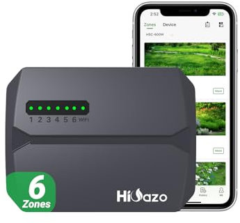 HiOazo Centralina irrigazione WiFi 6 zone, 16 programmi di irrigazione, salti meteorologici intelligenti, calcolo dell'acqua, irrigazione manuale, centralina per irrigazione giardino, serra, HSC-600W