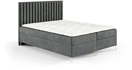 Sofello Boxspringbett Lolly 160 x 200cm 2X Bettkasten Topper 5cm Gratiis Beige Velour mit goldene Beine 12 cm Schlaffläche + 3 cm: 123/143/163/183/203 cm (Riviera 91 - grau, 200x200)