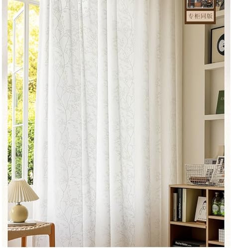 Homxi Cortinas Balcon Semitranslucidas 2 Piezas,2 x 96W x 214H CM,Cortina de Salon Blanco Patrón de Rama de Hoja Cortinas de Dormitorio de Ganchos