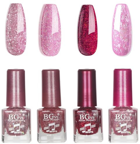 Glitter Nail Polish - Nail Polish Set - Quick Dry Nail Varnish Set - Pink Red Glitter Holographic Nail Paint,Color Pink Champagne Long Lasting Chip Resistant Gift Set - No Need Cure Nail Paint