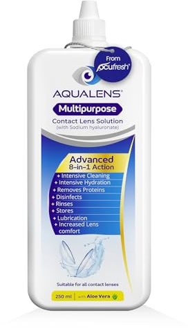 Aqualens Contact Lens Solution 250ml - 4 Weeks Supply - Multi Purpose All in 1 Contact Lens Cleaner - Hydrating & Protein-Removing, Clean & Moisturise Soft Contact Lenses - Post Box Friendly