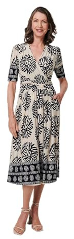 Izabel London Tropical Short Sleeve Midi Dress for Women UK with v-Neck Pockets and a-line Skirt.