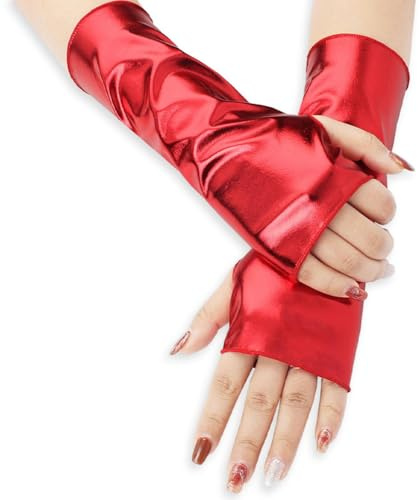 CALFOVERA Halloween Fingerlose Handschuhe Damen Kurze Glänzende Metallisch PU Leder Motorradfahren Armstulpen Elegante Tanzhandschuhe Gothic Punk Cosplay Party Kostüm Für Rock Und Bühnenauftritte