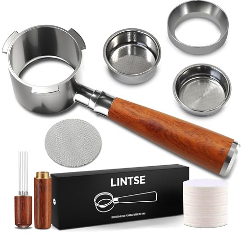 LINTSE Portafiltro Sin Fondo 51mm para Espresso Preciso, Compatible con Portafiltro Delonghi Dedica, Incluye Kit Barista 51mm para una Preparación más Consistente, Madera Palosanto con Remate Metálico