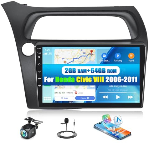 CAMECHO 2G+64G Android 15 para Honda Civic VIII 2006-2011 con Navi Carplay Android Auto, 9 Touchscreen Doble DIN Carplay autoradio con Bluetooth5.0 FM/RDS EQ SWC+Cámara Trasera