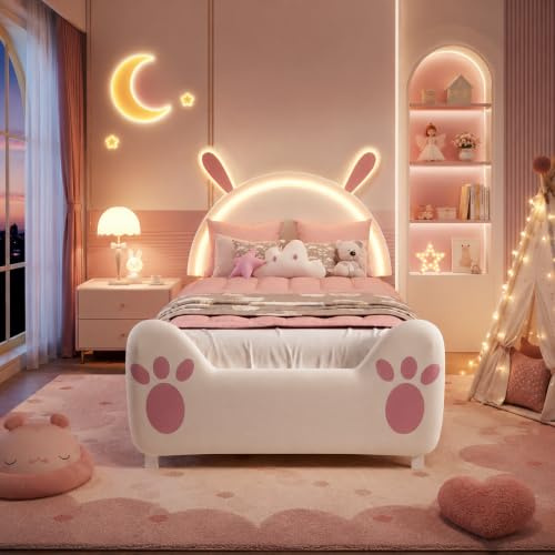 SAOOZBE Kinderbett Polsterbett 90x200cm, Prinzessinnenbett mit Led und Kopfteil Mädchenbett in Hasenform Einzelbett Jugendbett Bettgestell mit Lattenrost (Rosa F, 90x200cm)