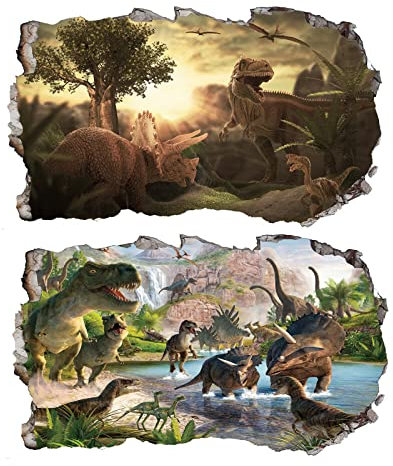 2Pcs Dinosaurier Dino Urzeit T-rex Wandtattoo 3D Effekt Wandsticker XXL Wanddurchbruch Tiere Fenster Wandaufkleber für Kinderzimmer Jungenzimmer Groß 1000mmx580mm v08