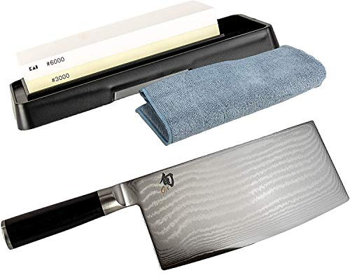 KAI Shun Classic Geschenkset Chinakochmesser DM-0712, ultrascharfes Kochmesser, 18 Klinge + KAI-Schleifstein AP-0316+ Premium- Poliertuch