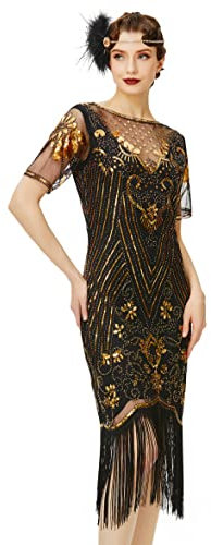 Coucoland 1920s Kleid Damen Kurz Fransen Ärmel Rund Ausschnitt Flapper Kleid 20er Jahre Paillettenkleider Great Gatsby Cocktail Party Damen Fasching Kostüm Kleid (Schwarz Gold, S)