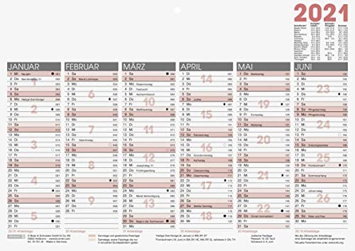 BRUNNEN 1070140001 Tischkalender/Tafelkalender A 4 Modell 701 40, 1 Seite = 6 Monate, kräftiger Karton, Kalendarium 2021