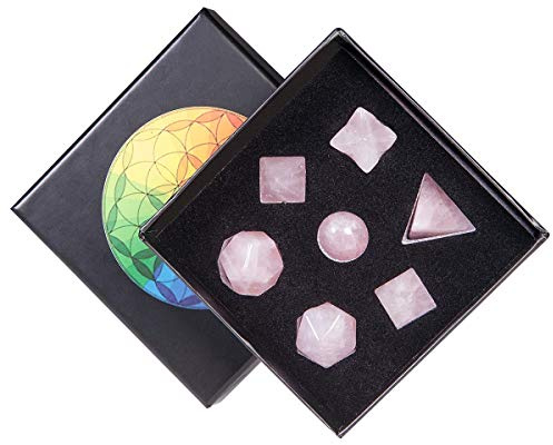 KYEYGWO Rosenquarz Platonische Körper Edelstein Set mit Sphäre und Merkaba Kristall, 7pcs Heilige Geometrie Stein Trommelsteine für Feng Shui Decoration Reiki Heilung Meditation