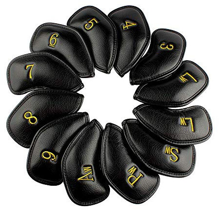 Craftsman Golf 12pcs Thick Synthetic Leather Golf Iron Head Covers Set Headcover Fit Taylormade Titleist Mizuno Adams (Black with Gold No.)