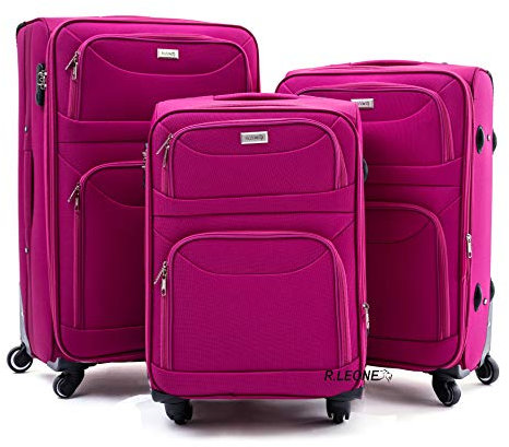 R.Leone Valigia da 1 pezzo Fino a Set 3 Trolley Espandibile grande, medio e bagaglio a mano 4 ruote in stoffa 214 (Fucsia, Set 3 S M L)