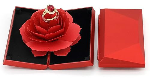 Rose Blume Verlobungsring Box 3D Pop Up Rose Ring-Box Verlobungsring Schachtel Rose Ringschachtel für Hochzeit Ringe Verlobungsring Valentinstag Jubiläum Heiratsantrag Deko, 13 * 7.4 * 2.6 cm, Rot