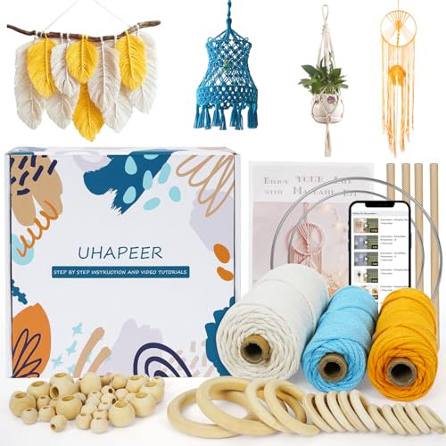 UHAPEER Makramee Garn DIY Kit, 64 Stücke Baumwollgarn Traumfänger Bastelset, Naturbaumwollseil für Erwachsene Anfänger, inbegriffen 3 Seil Macrame, Eisenring, Holzstäbchen, Holzringe, Holzperlen