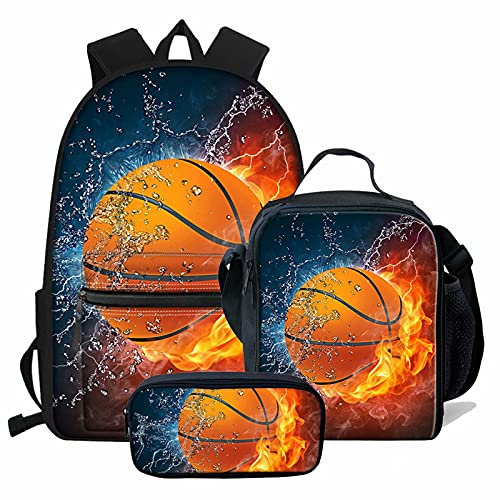 NETILGEN Schulranzen + Federmäppchen + Lunchtasche 3 Sets Groß Cool für Kinder Jungen Teenager Reisen Personalisiert, Lightning Fire Basketball, one size, Kinderrucksack