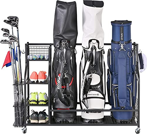 Mythinglogic Golf Organiser, Golf Club Organisers Extra Large Size Fits 3 Golf Bags, 12 Golf Clubs, Golf Balls and Golf Equipment, Golf Storage Rack with Lockable Wheels